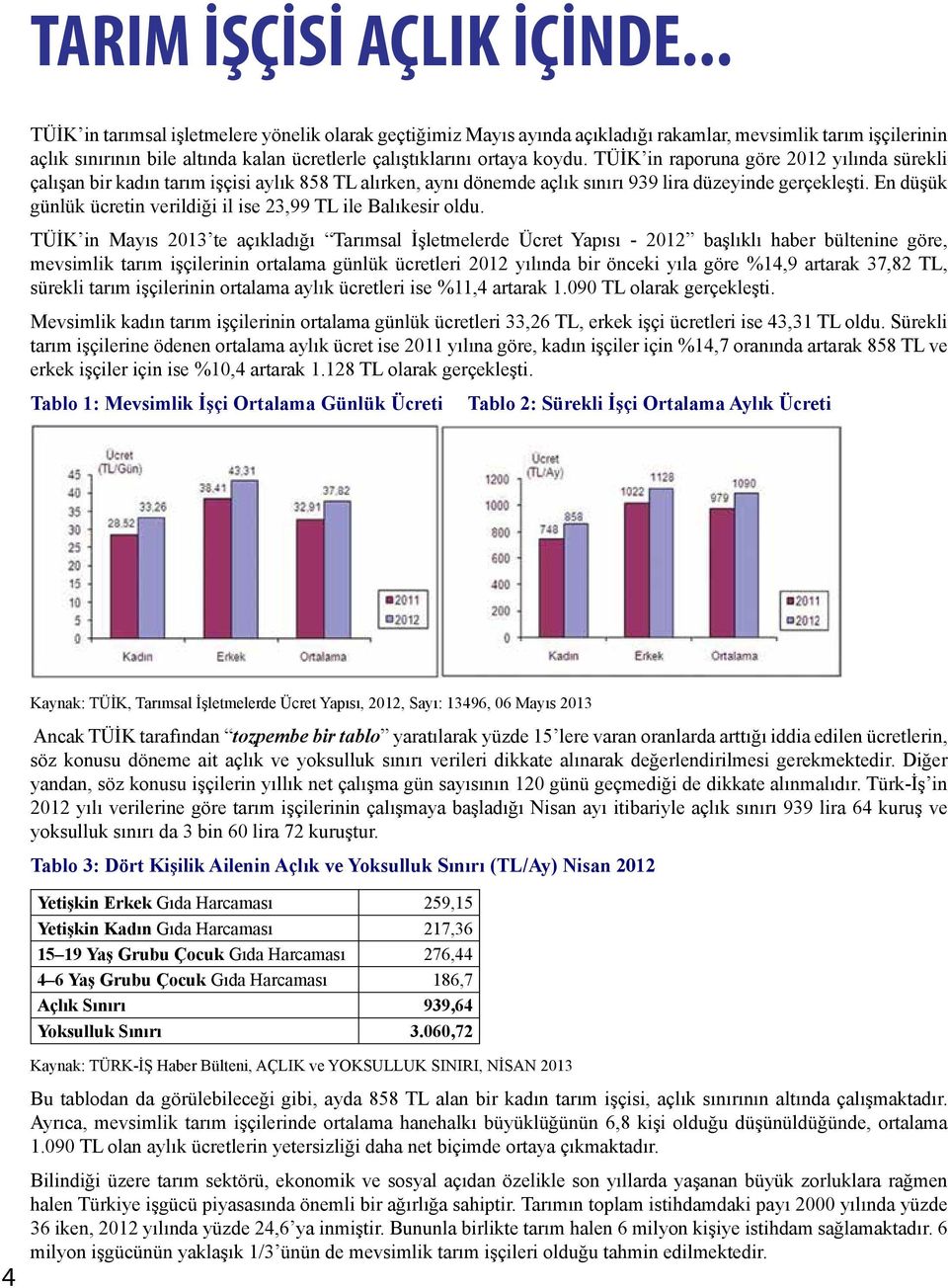 TÜİK in raporuna göre 2012 yılında sürekli çalışan bir kadın tarım işçisi aylık 858 TL alırken, aynı dönemde açlık sınırı 939 lira düzeyinde gerçekleşti.