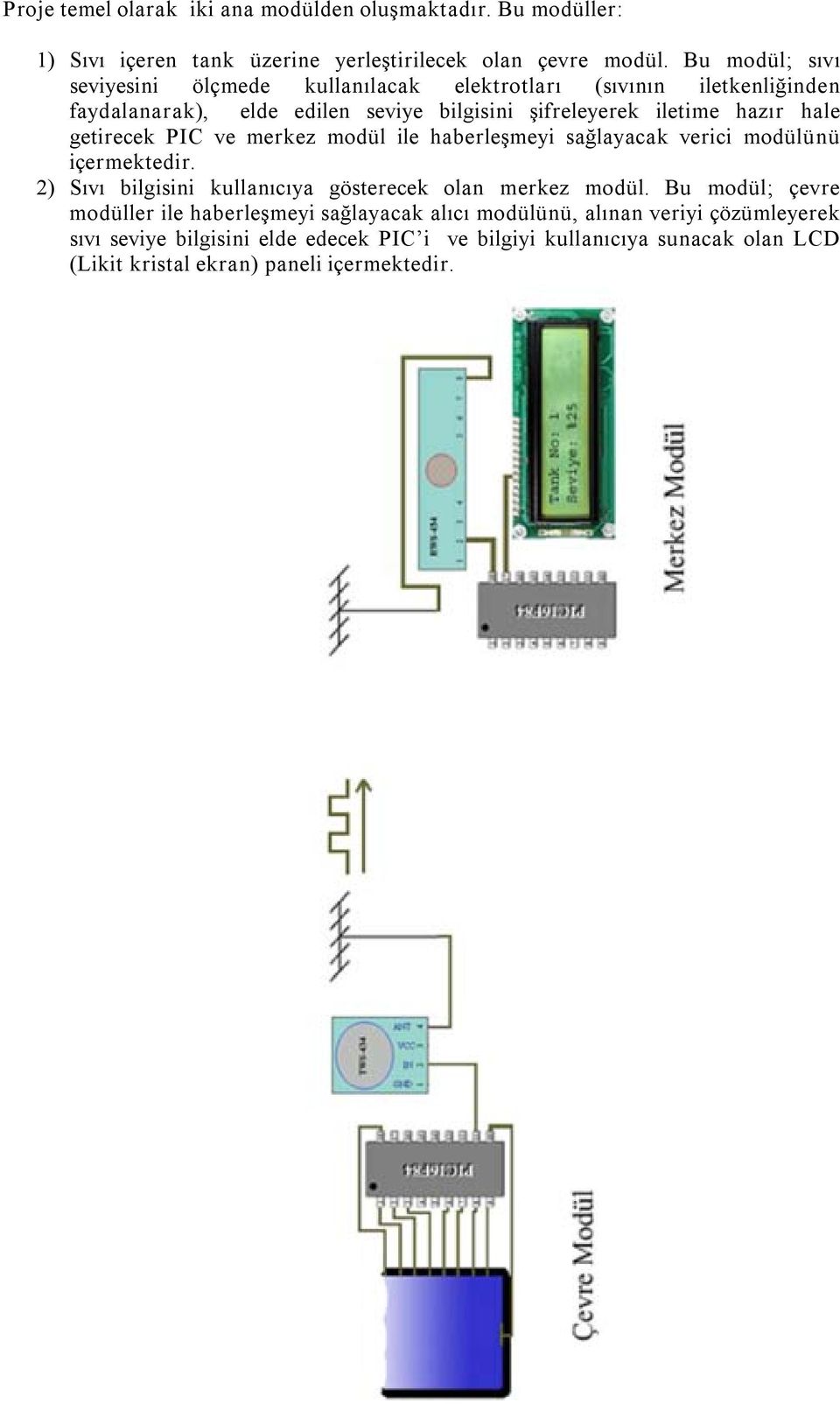 getirecek PIC ve merkez modül ile haberleşmeyi sağlayacak verici modülünü içermektedir. 2) Sıvı bilgisini kullanıcıya gösterecek olan merkez modül.
