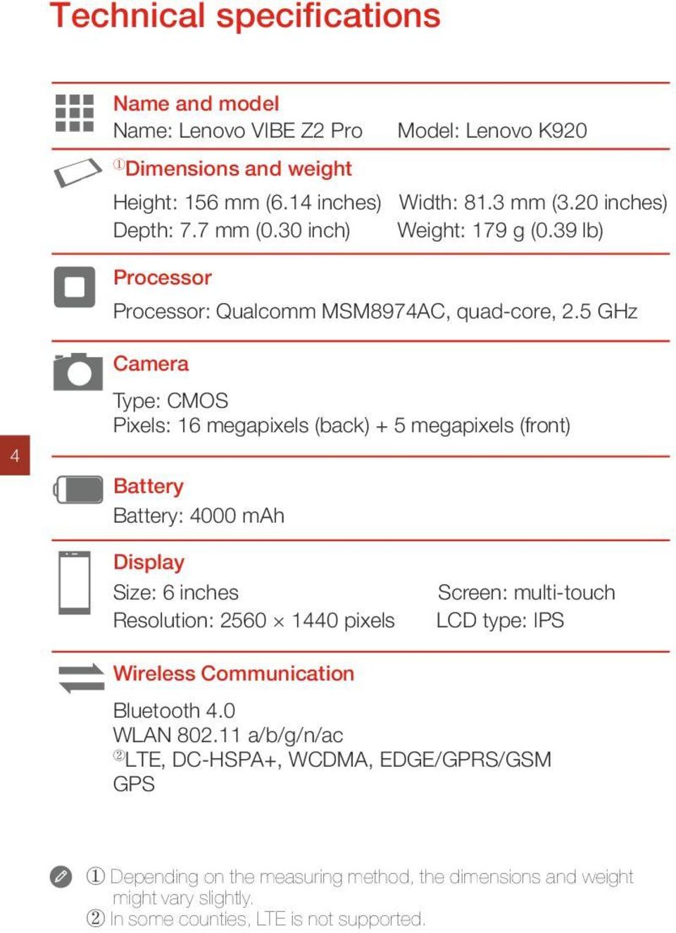 5 GHz 1 4 Camera Type: CMOS Pixels: 16 megapixels (back) + 5 megapixels (front) Battery Battery: 4000 mah Display Size: 6 inches Resolution: 2560 1440 pixels Screen: