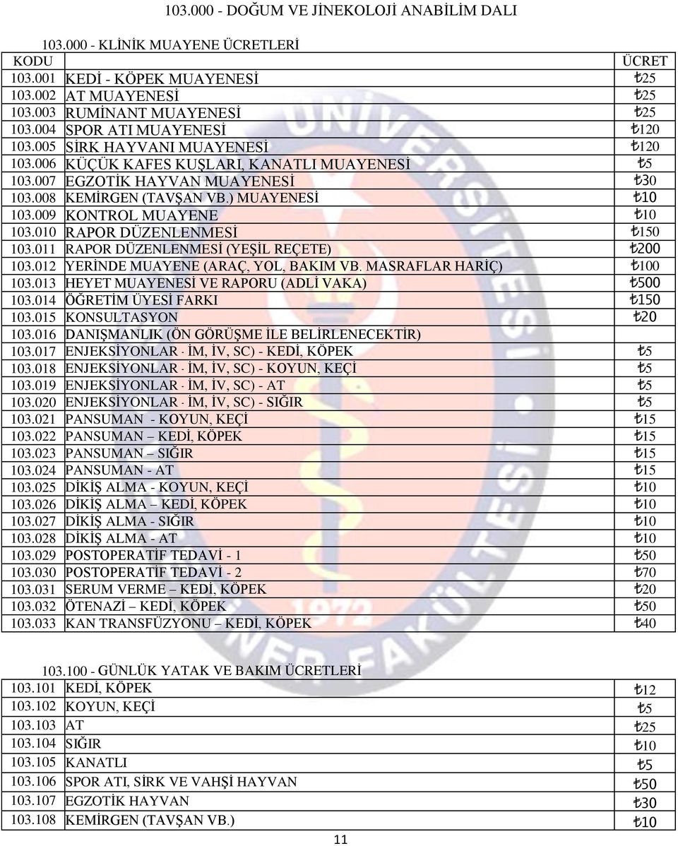 010 RAPOR DÜZENLENMESİ 150 103.011 RAPOR DÜZENLENMESİ (YEŞİL REÇETE) 200 103.012 YERİNDE MUAYENE (ARAÇ, YOL, BAKIM VB. MASRAFLAR HARİÇ) 100 103.013 HEYET MUAYENESİ VE RAPORU (ADLİ VAKA) 500 103.