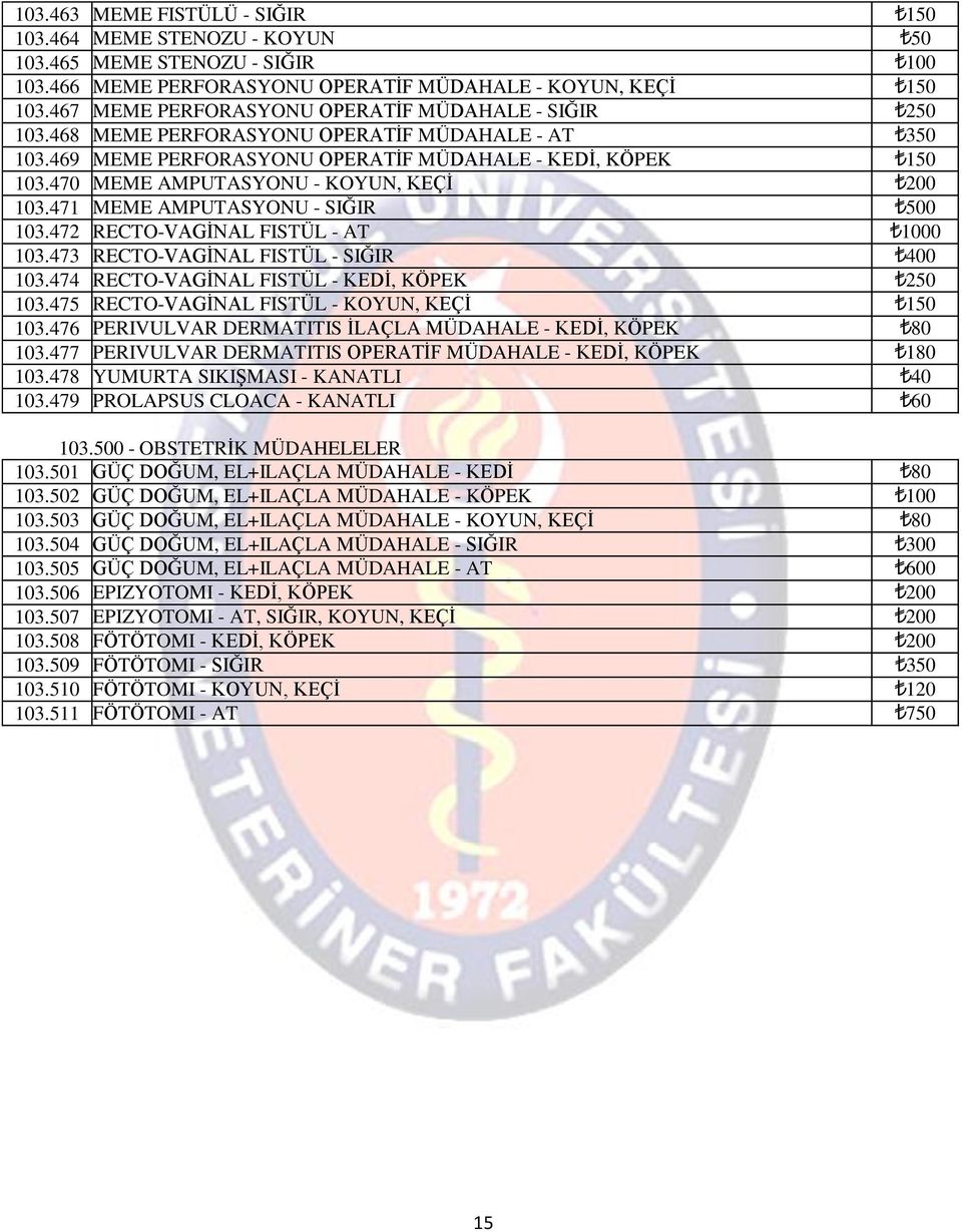 470 MEME AMPUTASYONU - KOYUN, KEÇİ 200 103.471 MEME AMPUTASYONU - SIĞIR 500 103.472 RECTO-VAGİNAL FISTÜL - AT 1000 103.473 RECTO-VAGİNAL FISTÜL - SIĞIR 400 103.