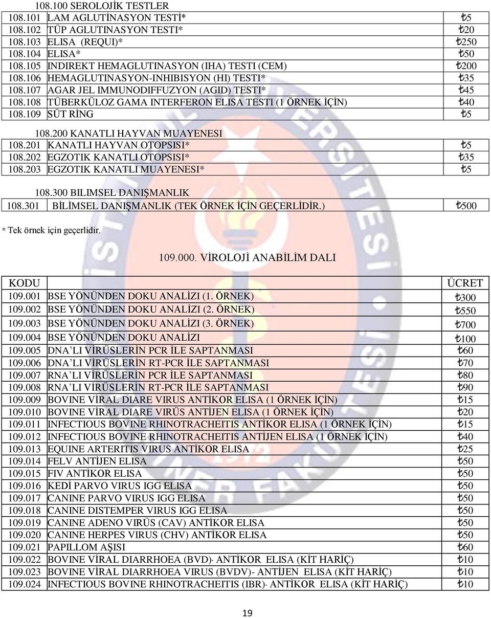 200 KANATLI HAYVAN MUAYENESI 108.201 KANATLI HAYVAN OTOPSISI* 5 108.202 EGZOTIK KANATLI OTOPSISI* 35 108.203 EGZOTIK KANATLI MUAYENESI* 5 108.300 BILIMSEL DANIŞMANLIK 108.