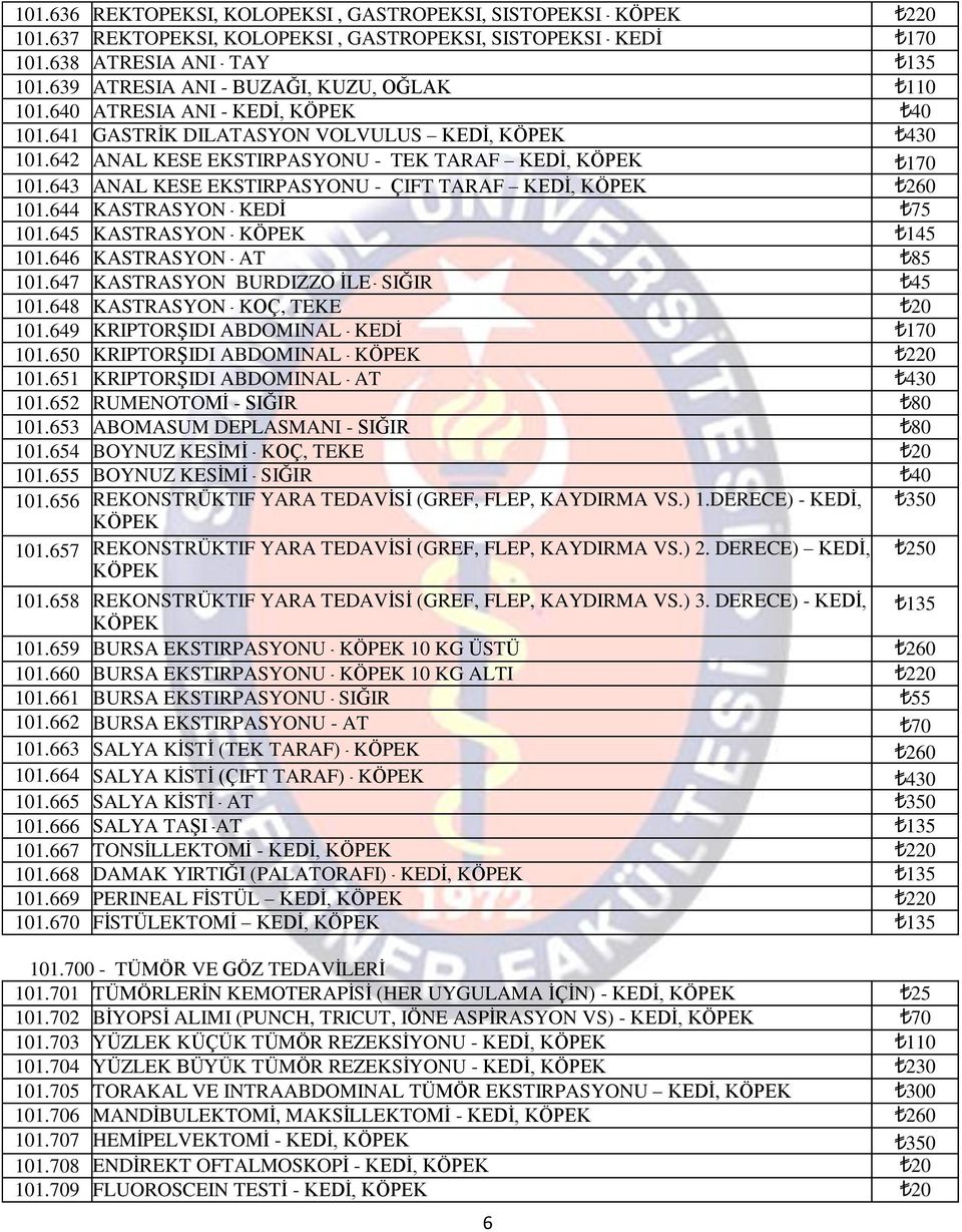 643 ANAL KESE EKSTIRPASYONU - ÇIFT TARAF KEDİ, KÖPEK 260 101.644 KASTRASYON - KEDİ 75 101.645 KASTRASYON - KÖPEK 145 101.646 KASTRASYON - AT 85 101.647 KASTRASYON BURDIZZO İLE - SIĞIR 45 101.