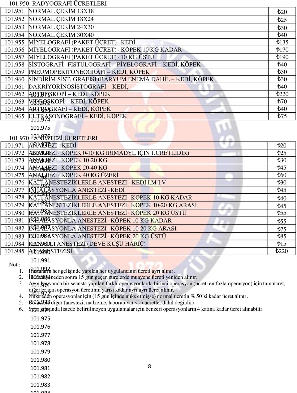 959 PNEUMOPERİTONEOGRAFİ KEDİ, KÖPEK 30 101.960 SİNDİRİM SİST. GRAFISI (BARYUM ENEMA DAHİL KEDİ, KÖPEK 30 101.961 DAKRİYORİNOSİSTOGRAFİ KEDİ, 40 101.962 ARTROSKOPİ 101.971 KEDİ, KÖPEK 220 101.