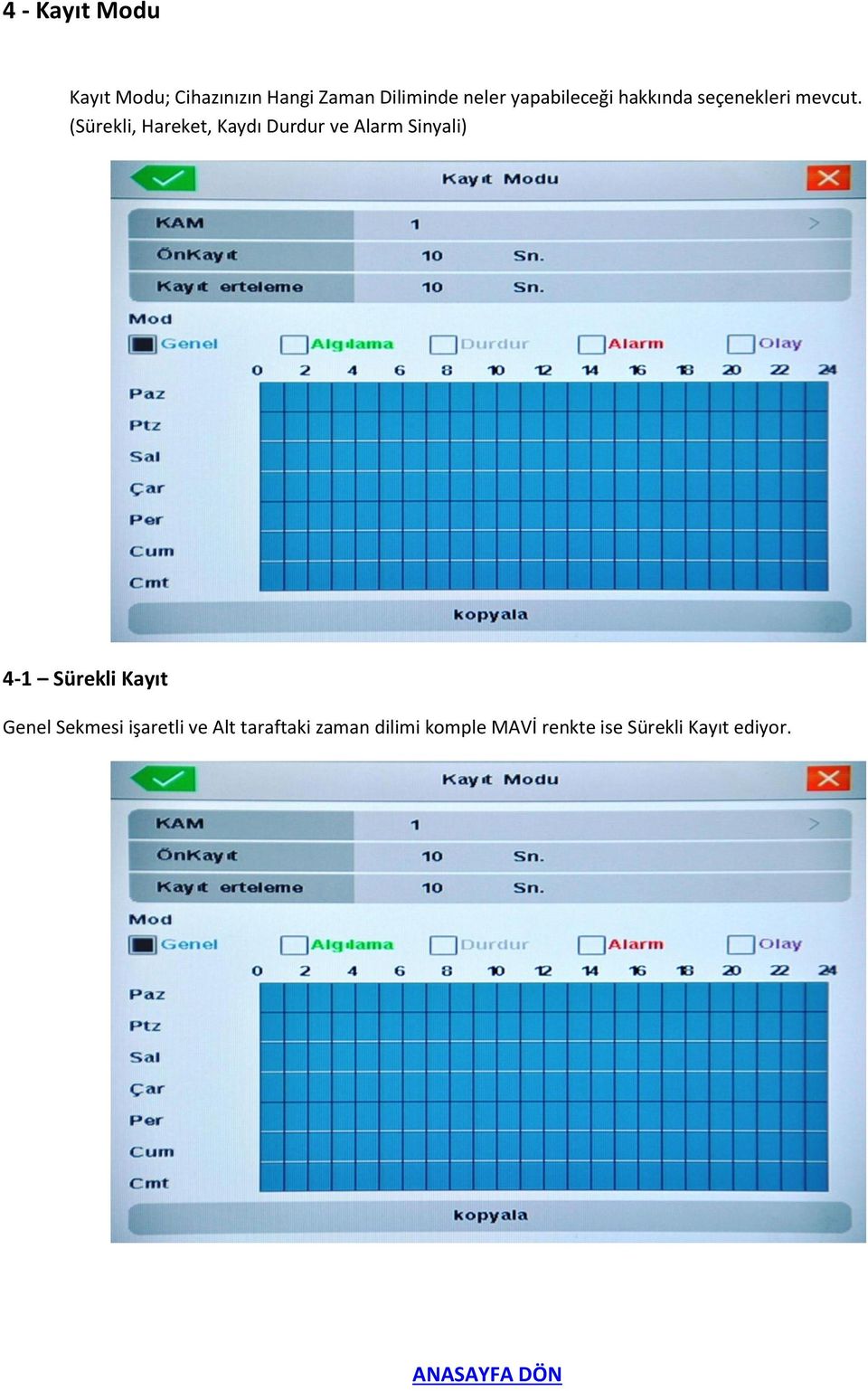 (Sürekli, Hareket, Kaydı Durdur ve Alarm Sinyali) 4-1 Sürekli Kayıt