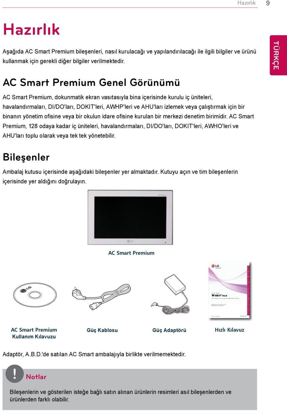 AC Smart Premium Genel Görünümü AC Smart Premium, dokunmatik ekran vasıtasıyla bina içerisinde kurulu iç üniteleri, havalandırmaları, DI/DO'ları, DOKIT'leri, AWHP'leri ve AHU'ları izlemek veya