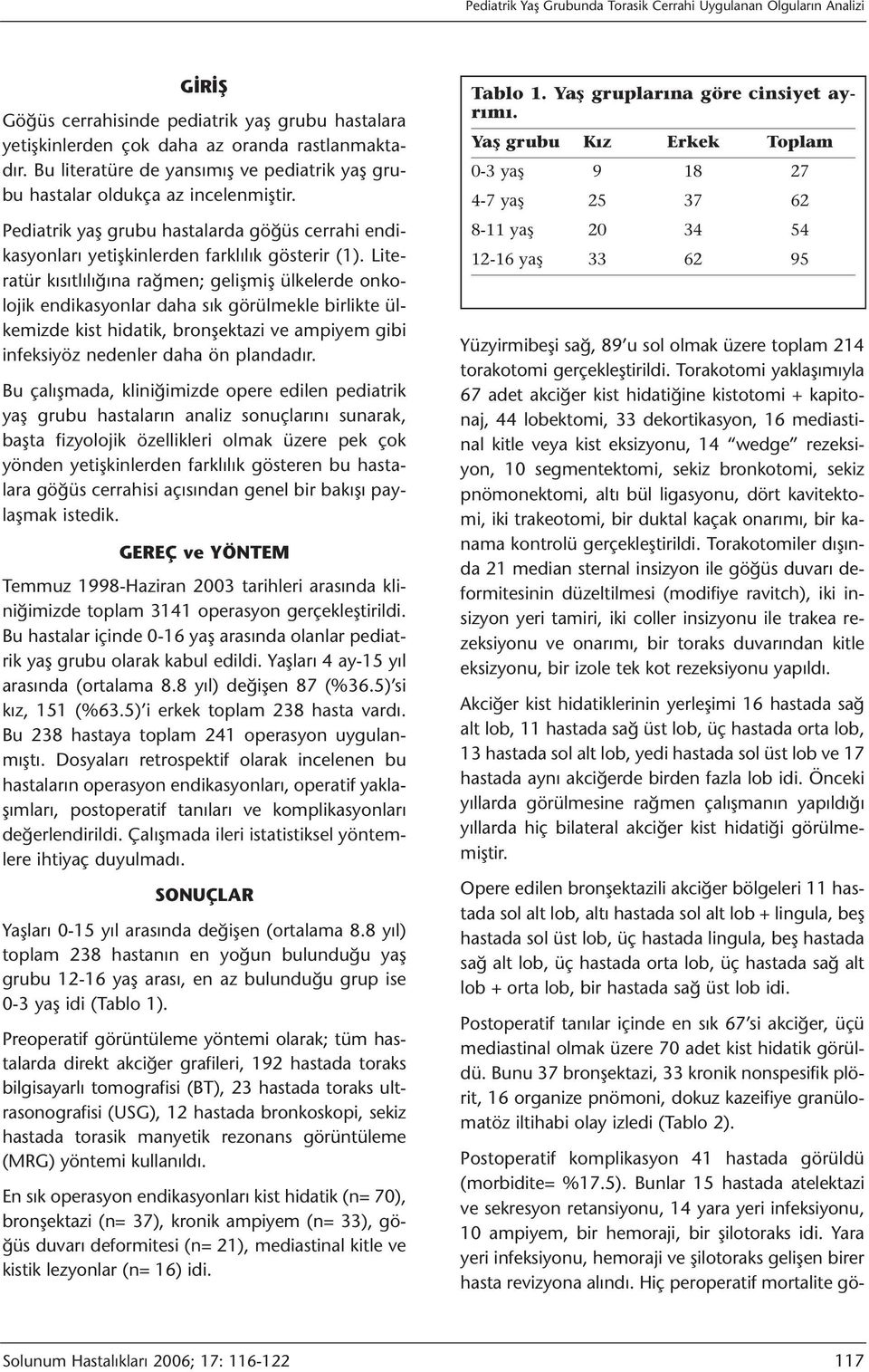 Literatür kısıtlılığına rağmen; gelişmiş ülkelerde onkolojik endikasyonlar daha sık görülmekle birlikte ülkemizde kist hidatik, bronşektazi ve ampiyem gibi infeksiyöz nedenler daha ön plandadır.