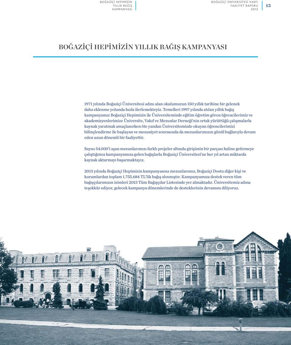 Temelleri 1997 yılında atılan yıllık bağış kampanyamız Boğaziçi Hepimizin ile Üniversitemizde eğitim öğretim gören öğrencilerimiz ve akademisyenlerimize Üniversite, Vakıf ve Mezunlar Derneği nin