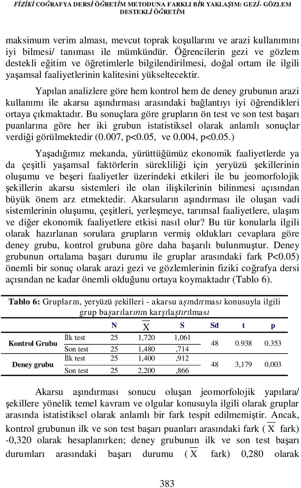 Yapılan analizlere göre hem kontrol hem de deney grubunun arazi kullanımı ile akarsu aşındırması arasındaki bağlantıyı iyi öğrendikleri ortaya çıkmaktadır.