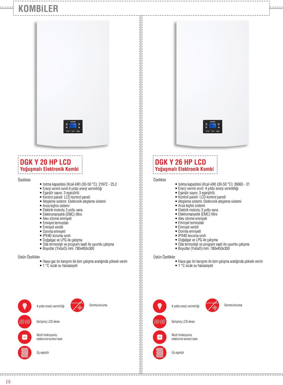 emniyeti Emniyet termostatı Emniyet ventili Donma emniyeti IPX4D koruma sınıfı Doğalgaz ve LPG ile çalışma Oda termostatı ve program saati ile uyumlu çalışma Boyutlar (YxGxD) mm: 780x450x300 Isıtma