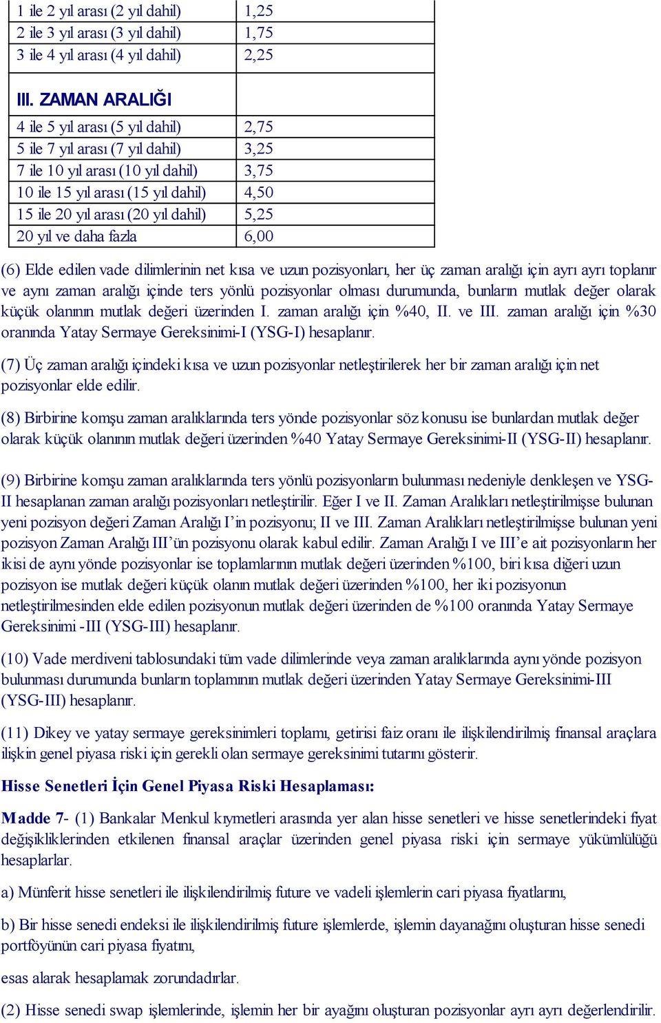 dahil) 5,25 20 yıl ve daha fazla 6,00 (6) Elde edilen vade dilimlerinin net kısa ve uzun pozisyonları, her üç zaman aralığı için ayrı ayrı toplanır ve aynı zaman aralığı içinde ters yönlü pozisyonlar