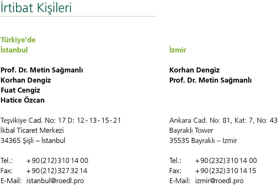 No: 17 D: 12-13 - 15-21 İkbal Ticaret Merkezi 34365 Şişli İstanbul Tel.