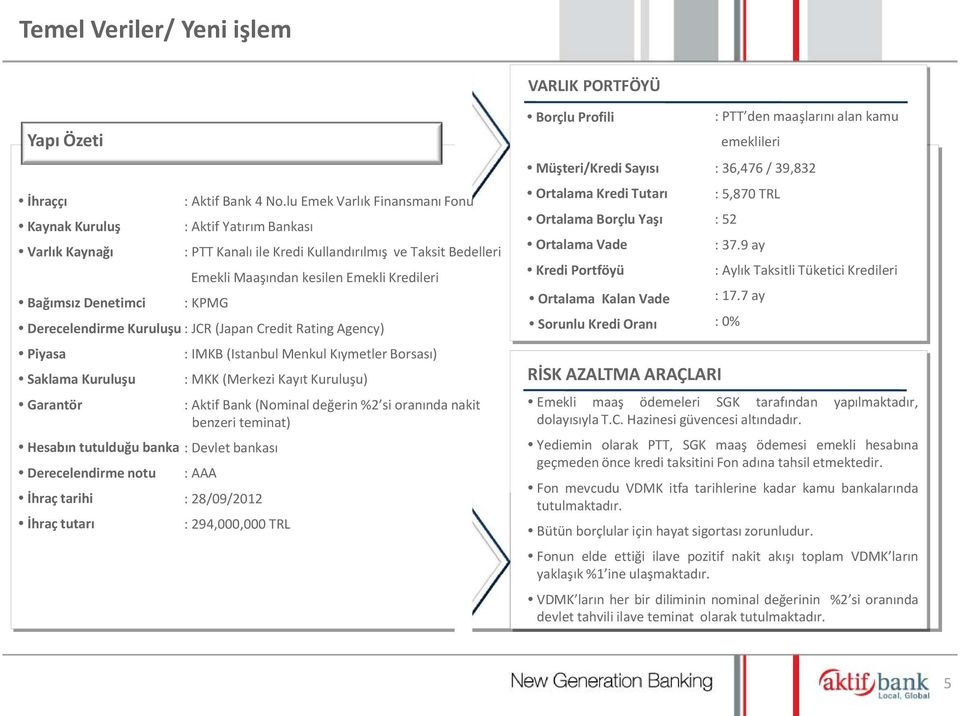 Denetimci : KPMG Derecelendirme Kuruluşu : JCR (Japan Credit Rating Agency) Piyasa : IMKB (Istanbul Menkul Kıymetler Borsası) Saklama Kuruluşu : MKK (Merkezi Kayıt Kuruluşu) Garantör : Aktif Bank