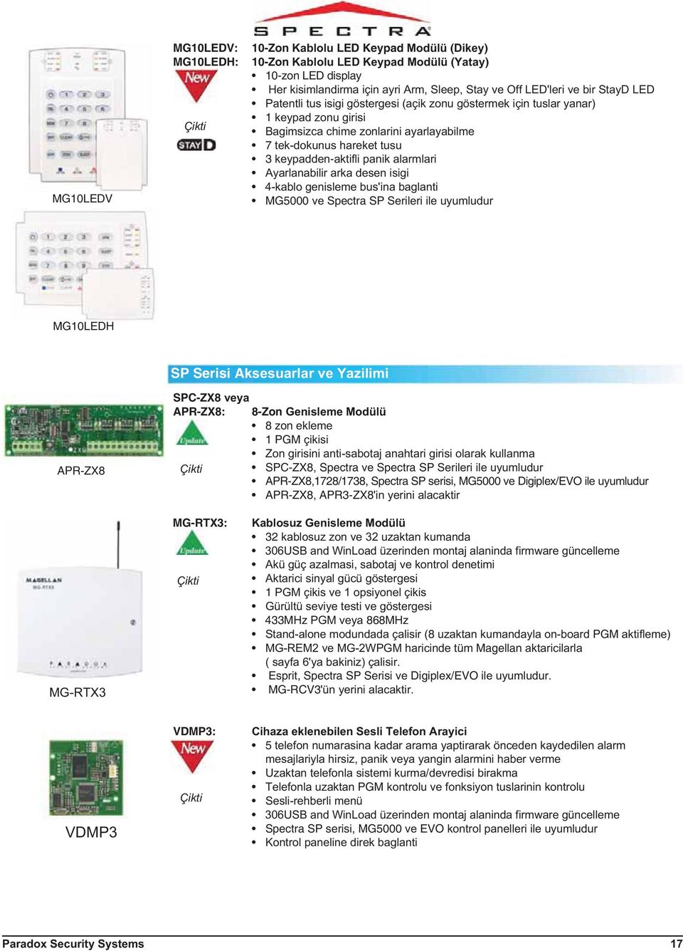 alarmlari Ayarlanabilir arka desen isigi 4-kablo genisleme bus'ina baglanti MG5000 ve Spectra SP Serileri ile uyumludur MG10LEDH SP Serisi Aksesuarlar ve Yazilimi APR-ZX8 SPC-ZX8 veya APR-ZX8: 8-Zon