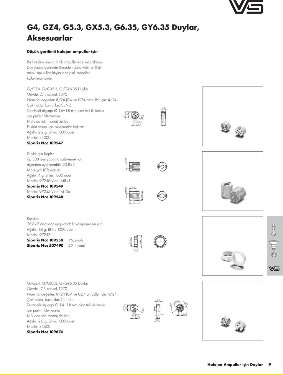 35 Duylar Gövde: LCP, naturel, T270 Nominal değerler: 8/24 (G4 ve GZ4 ampuller için: 4/24) Çok noktalı kontaklar: CuNiZn Terminalli dişçapı Ø 1.4 1.