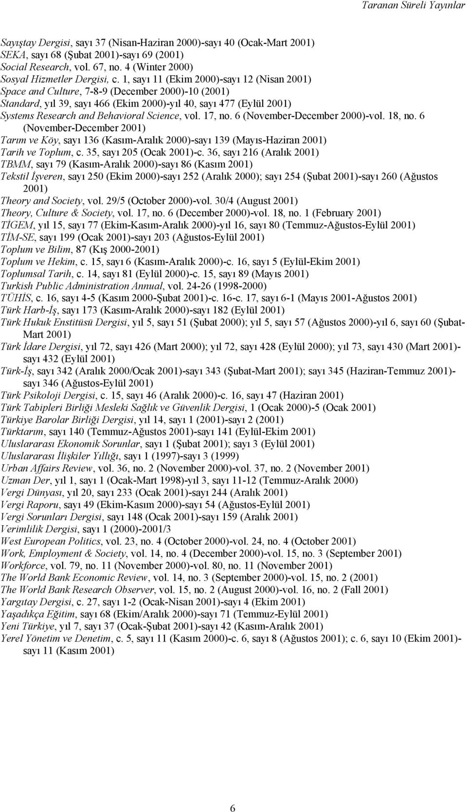 1, sayı 11 (Ekim 2000)-sayı 12 (Nisan 2001) Space and Culture, 7-8-9 (December 2000)-10 (2001) Standard, yıl 39, sayı 466 (Ekim 2000)-yıl 40, sayı 477 (Eylül 2001) Systems Research and Behavioral