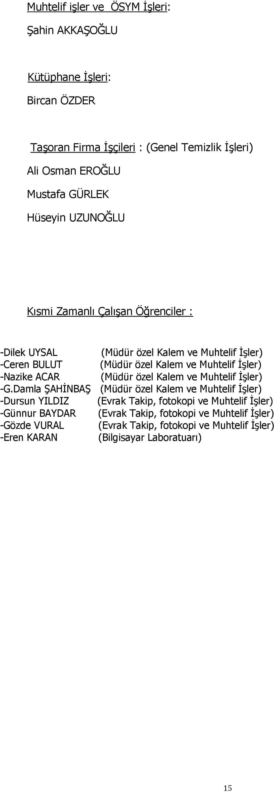 İşler) -Nazike ACAR (Müdür özel Kalem ve Muhtelif İşler) -G.