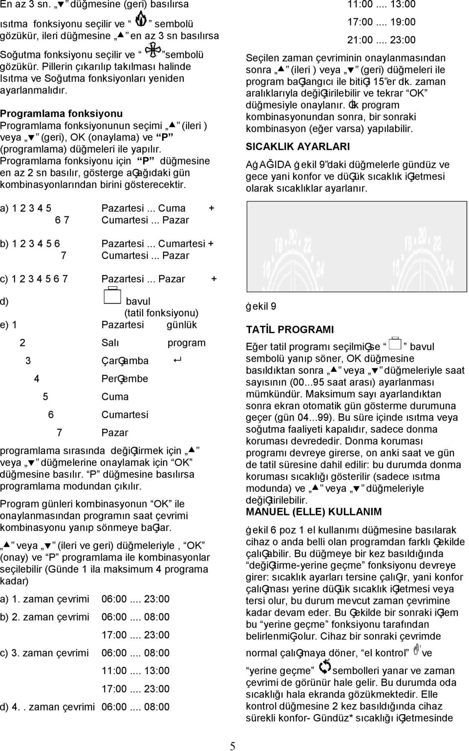 Programlama fonksiyonu Programlama fonksiyonunun seçimi (ileri ) veya (geri), OK (onaylama) ve P (programlama) düğmeleri ile yapılır.