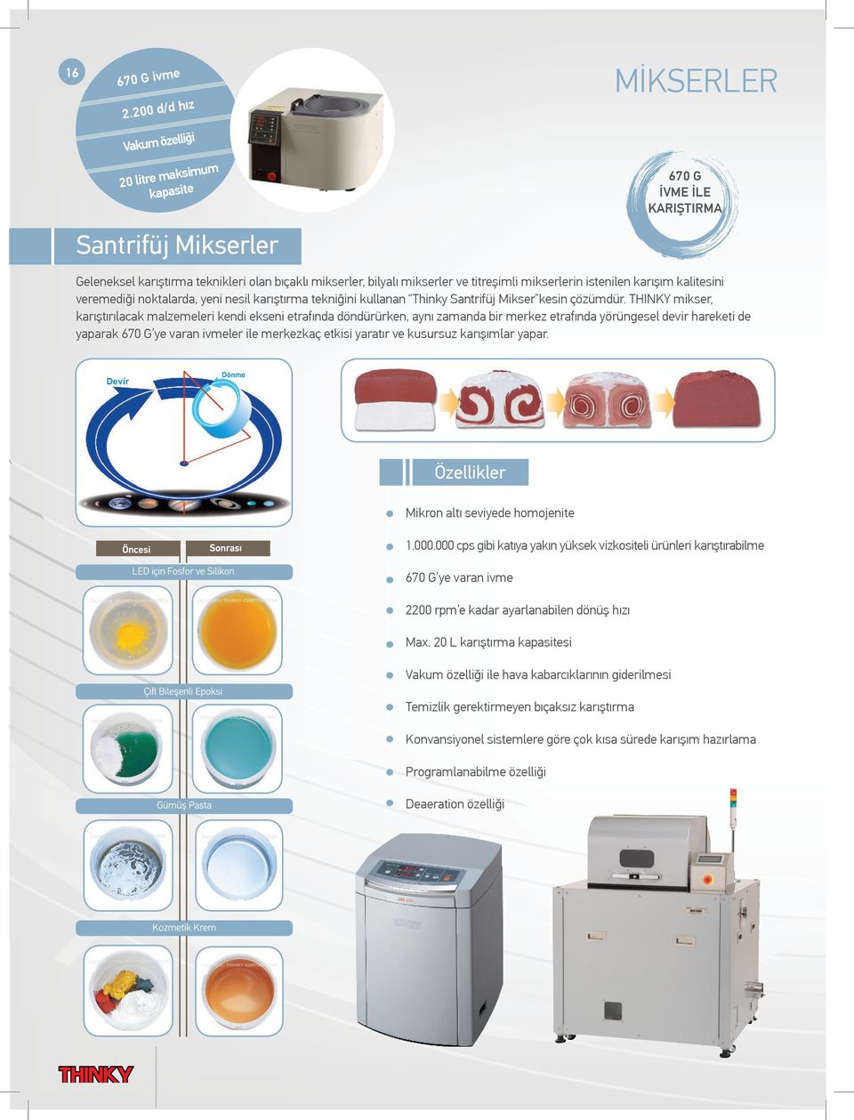 mikserlerin istenilen karışım kalitesini veremediği noktalarda, yeni nesil karıştırma tekniğini kullanan Thinky Santrifüj Mikser kesin çözümdür.