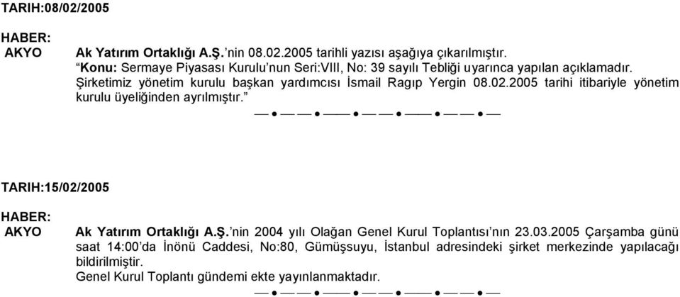 2005 tarihi itibariyle yönetim kurulu üyeliğinden ayrılmıştır. TARIH:15/02/2005 Ak Yatırım Ortaklığı A.Ş.