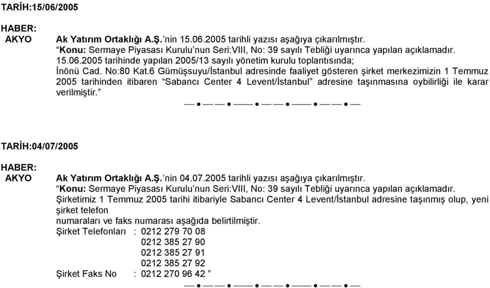 TARİH:04/07/2005 Ak Yatırım Ortaklığı A.Ş. nin 04.07.2005 tarihli yazısı aşağıya çıkarılmıştır.