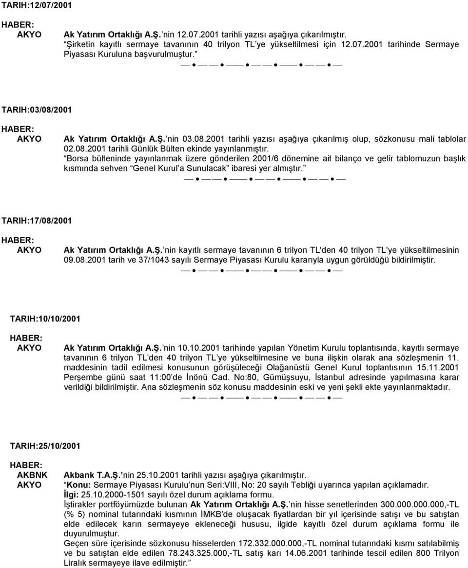 Borsa bülteninde yayınlanmak üzere gönderilen 2001/6 dönemine ait bilanço ve gelir tablomuzun başlık kısmında sehven Genel Kurul a Sunulacak ibaresi yer almıştır.