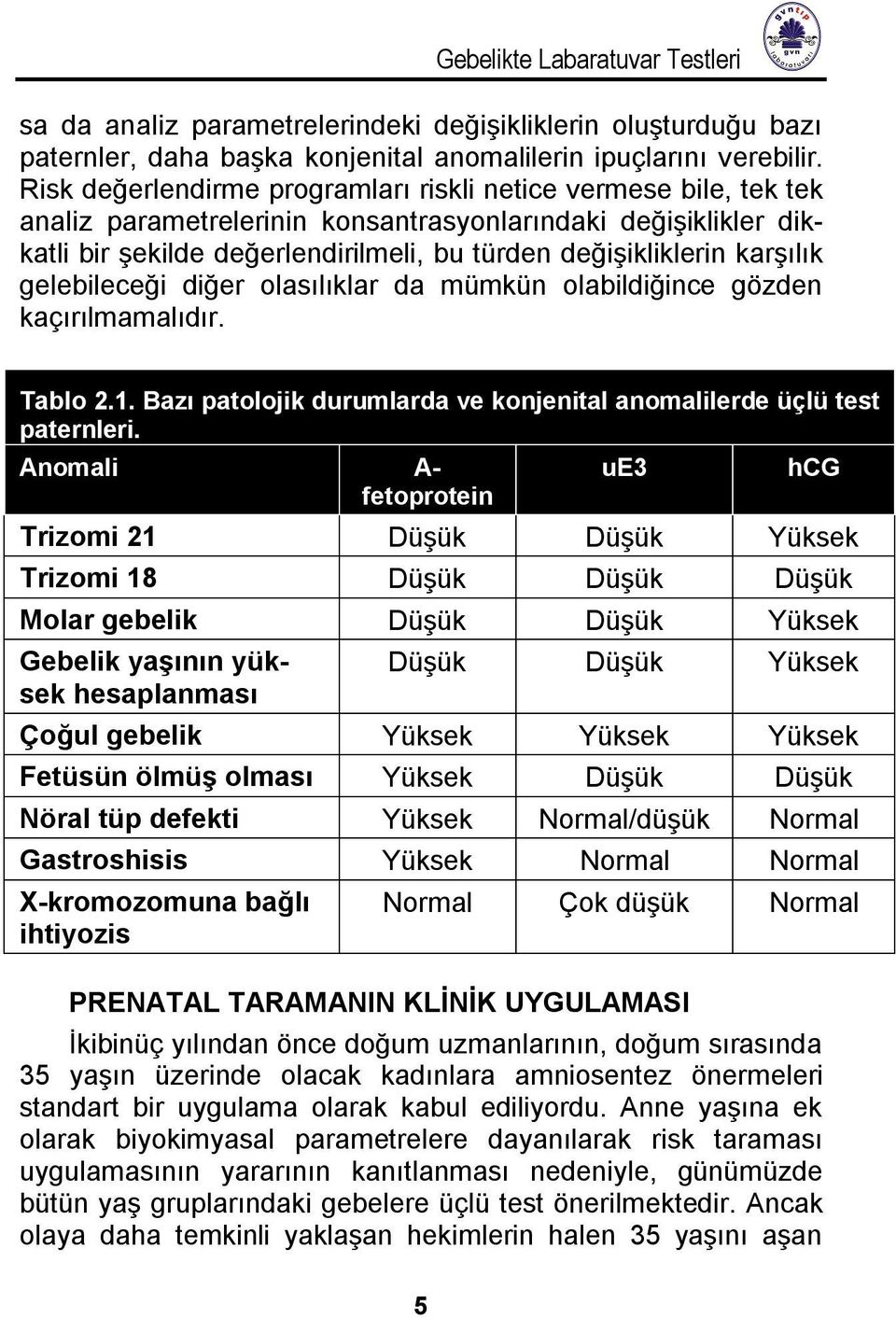 karşılık gelebileceği diğer olasılıklar da mümkün olabildiğince gözden kaçırılmamalıdır. Tablo 2.1. Bazı patolojik durumlarda ve konjenital anomalilerde üçlü test paternleri.