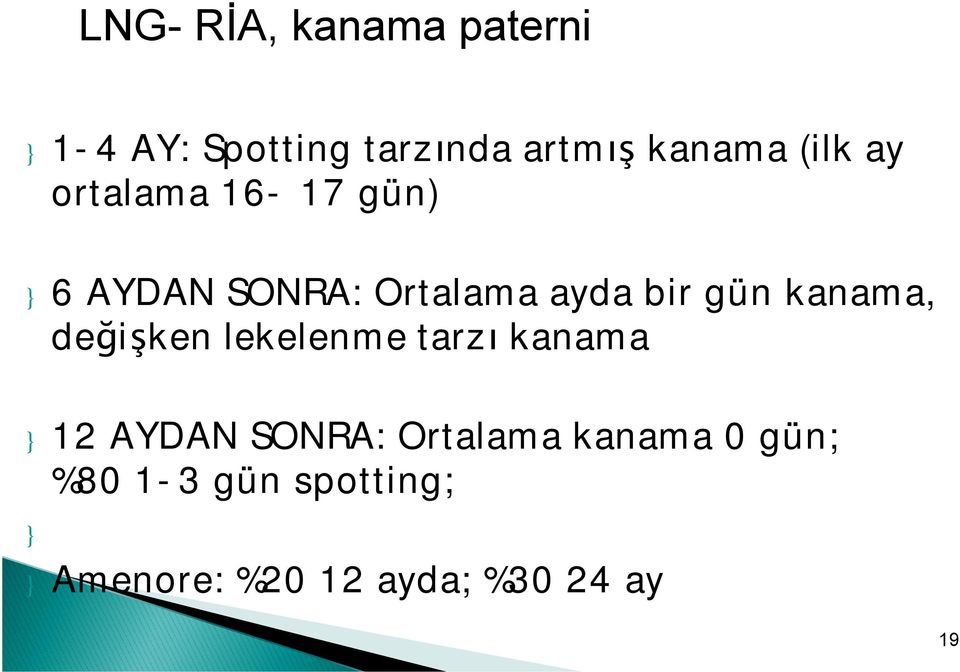 kanama, değişken lekelenme tarzı kanama } 12 AYDAN SONRA: Ortalama