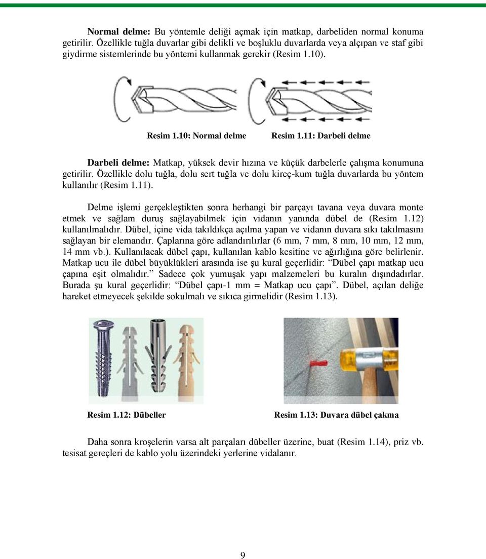 11: Darbeli delme Darbeli delme: Matkap, yüksek devir hızına ve küçük darbelerle çalıģma konumuna getirilir.