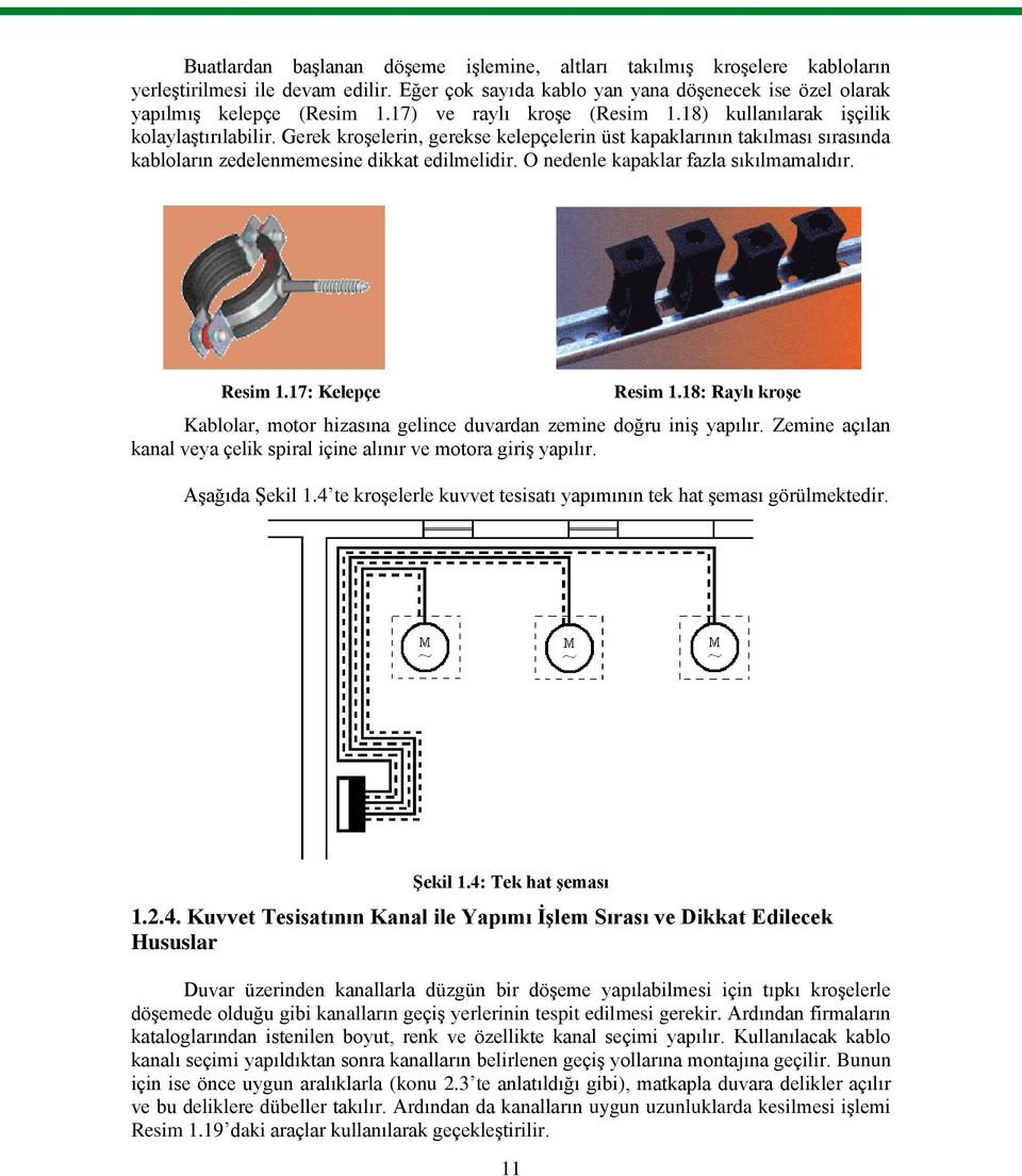 O nedenle kapaklar fazla sıkılmamalıdır. Resim 1.17: Kelepçe Resim 1.18: Raylı kroģe Kablolar, motor hizasına gelince duvardan zemine doğru iniģ yapılır.