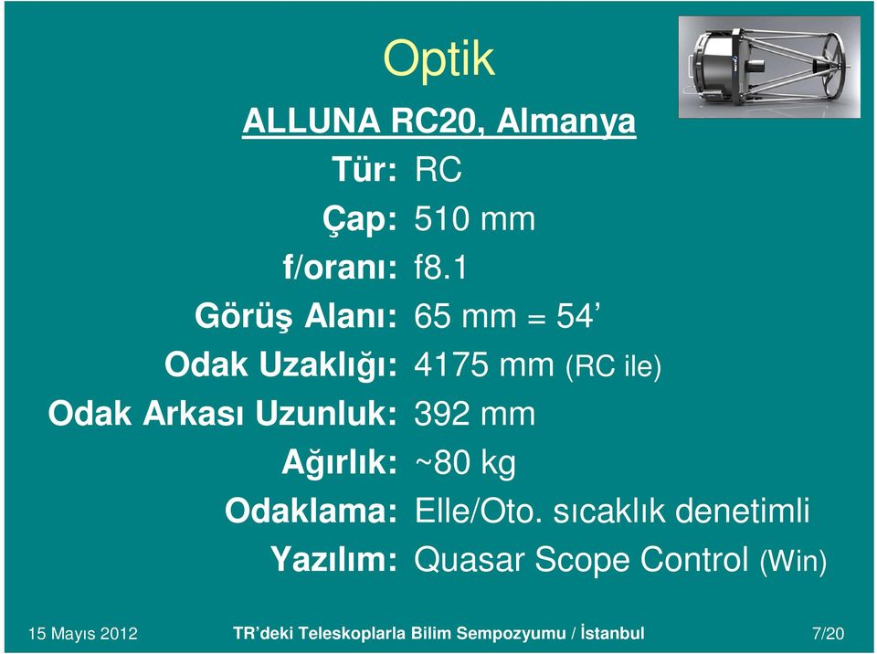 Uzunluk: 392 mm Ağırlık: ~80 kg Odaklama: Elle/Oto.