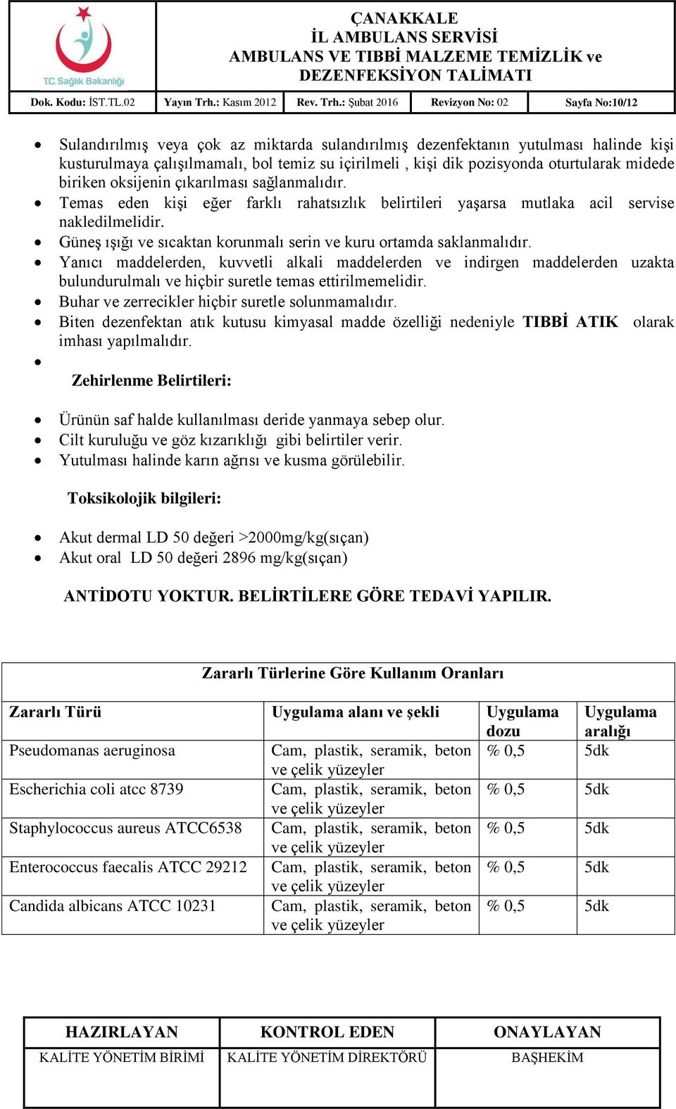 : Şubat 2016 Revizyon No: 02 Sayfa No:10/12 Sulandırılmış veya çok az miktarda sulandırılmış dezenfektanın yutulması halinde kişi kusturulmaya çalışılmamalı, bol temiz su içirilmeli, kişi dik