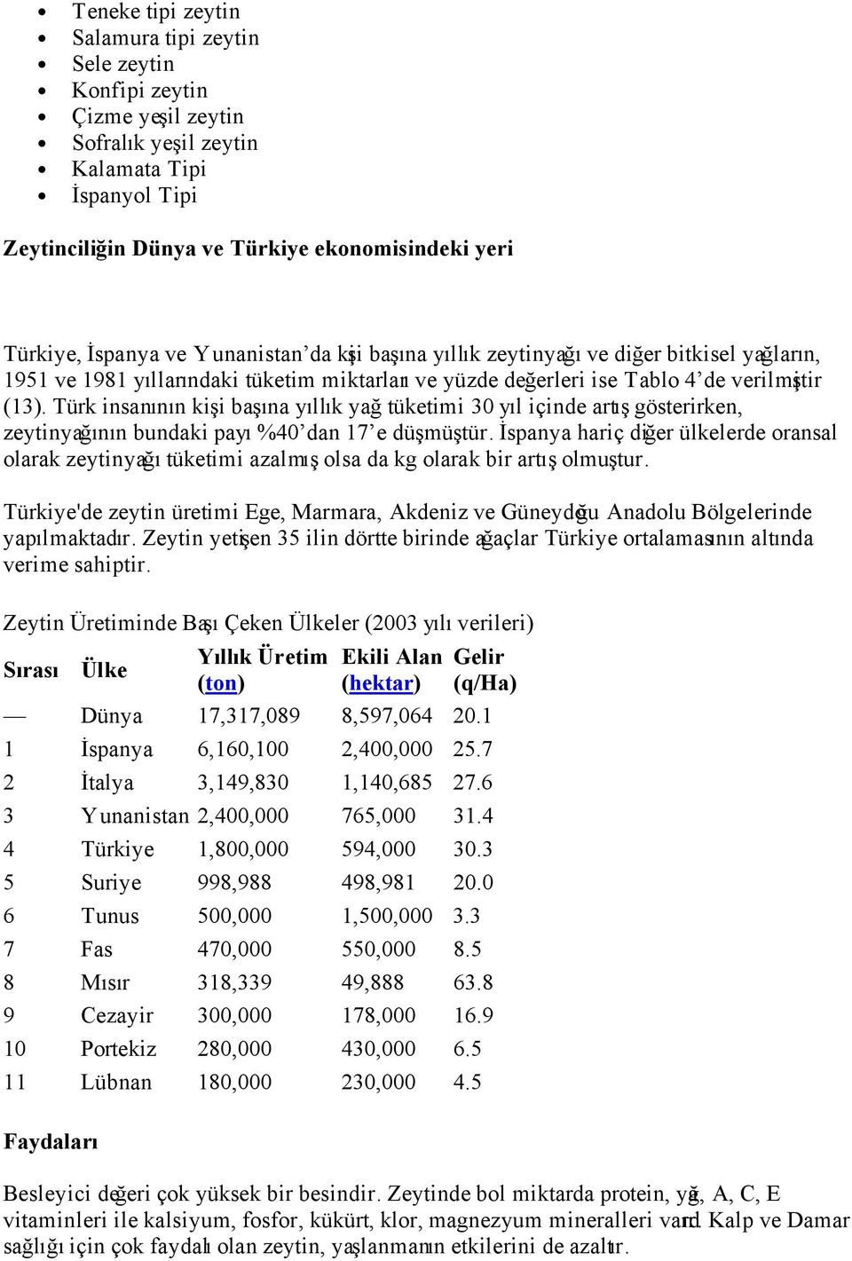 Türk insanının kişi başına yıllık yağ tüketimi 30 yıl içinde artış gösterirken, zeytinyağının bundaki payı %40 dan 17 e düşmüştür.