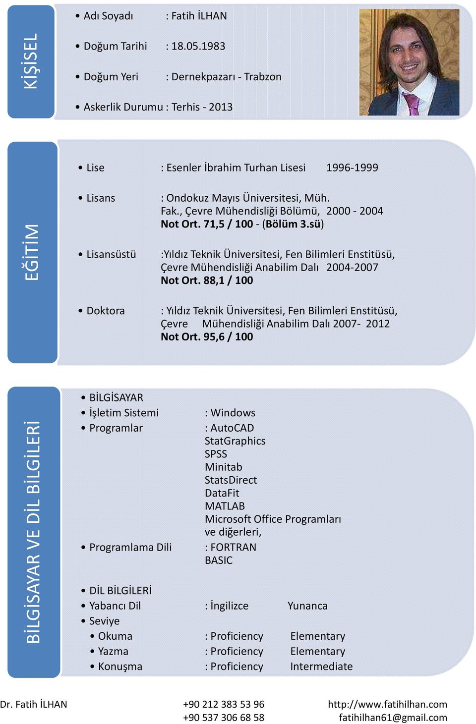 , Çevre Mühendisliği Bölümü, 2000-2004 Not Ort. 71,5 / 100 -(Bölüm 3.sü) :Yıldız Teknik Üniversitesi, Fen Bilimleri Enstitüsü, Çevre Mühendisliği Anabilim Dalı 2004-20072007 Not Ort.