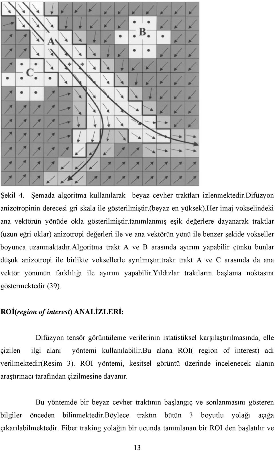 tanımlanmış eşik değerlere dayanarak traktlar (uzun eğri oklar) anizotropi değerleri ile ve ana vektörün yönü ile benzer şekide vokseller boyunca uzanmaktadır.