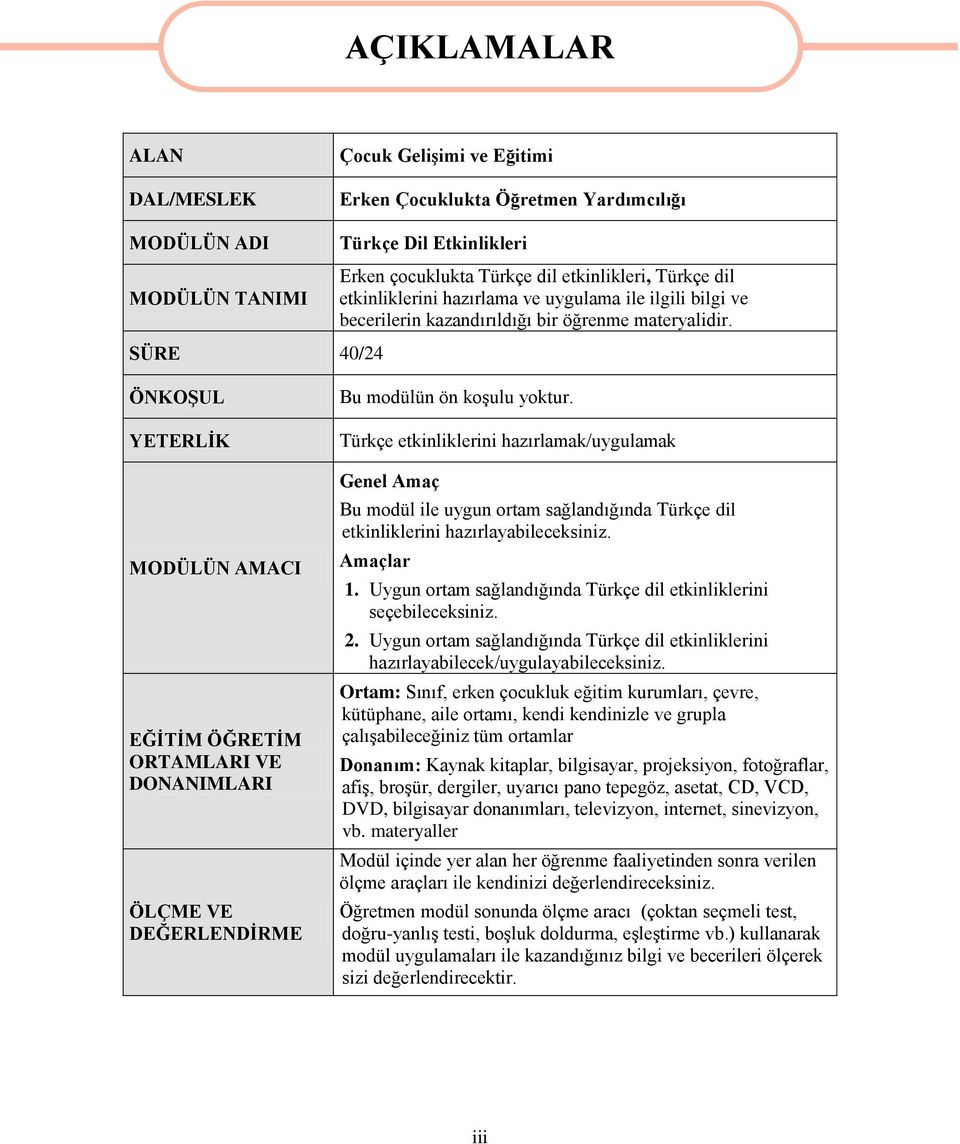 SÜRE 40/24 ÖNKOġUL YETERLĠK MODÜLÜN AMACI EĞĠTĠM ÖĞRETĠM ORTAMLARI VE DONANIMLARI ÖLÇME VE DEĞERLENDĠRME Bu modülün ön koģulu yoktur.