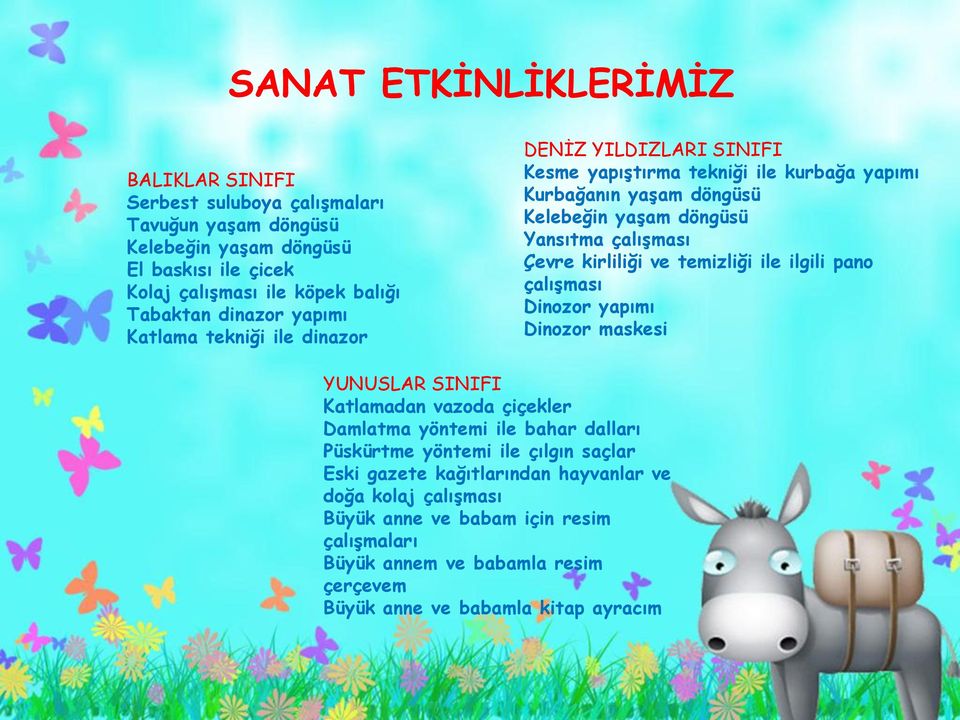 Çevre kirliliği ve temizliği ile ilgili pano çalışması Dinozor yapımı Dinozor maskesi YUNUSLAR SINIFI Katlamadan vazoda çiçekler Damlatma yöntemi ile bahar dalları Püskürtme yöntemi