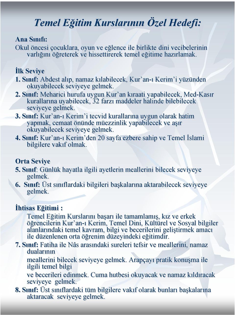 Sınıf: Meharici hurufa uygun Kur an kıraati yapabilecek, Med-Kasır kurallarına uyabilecek, 32