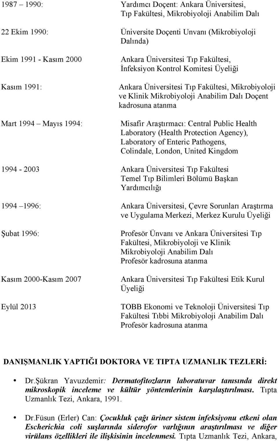 Misafir Araştırmacı: Central Public Health Laboratory (Health Protection Agency), Laboratory of Enteric Pathogens, Colindale, London, United Kingdom 1994-2003 Ankara Üniversitesi Tıp Fakültesi Temel