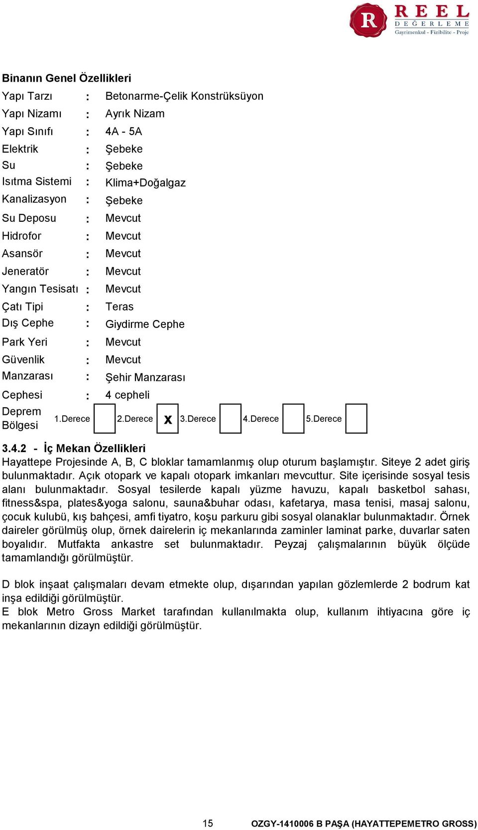 Manzarası 4 cepheli x 1.Derece 2.Derece 3.Derece 4.Derece 5.Derece 3.4.2 - İç Mekan Özellikleri Hayattepe Projesinde A, B, C bloklar tamamlanmış olup oturum başlamıştır.