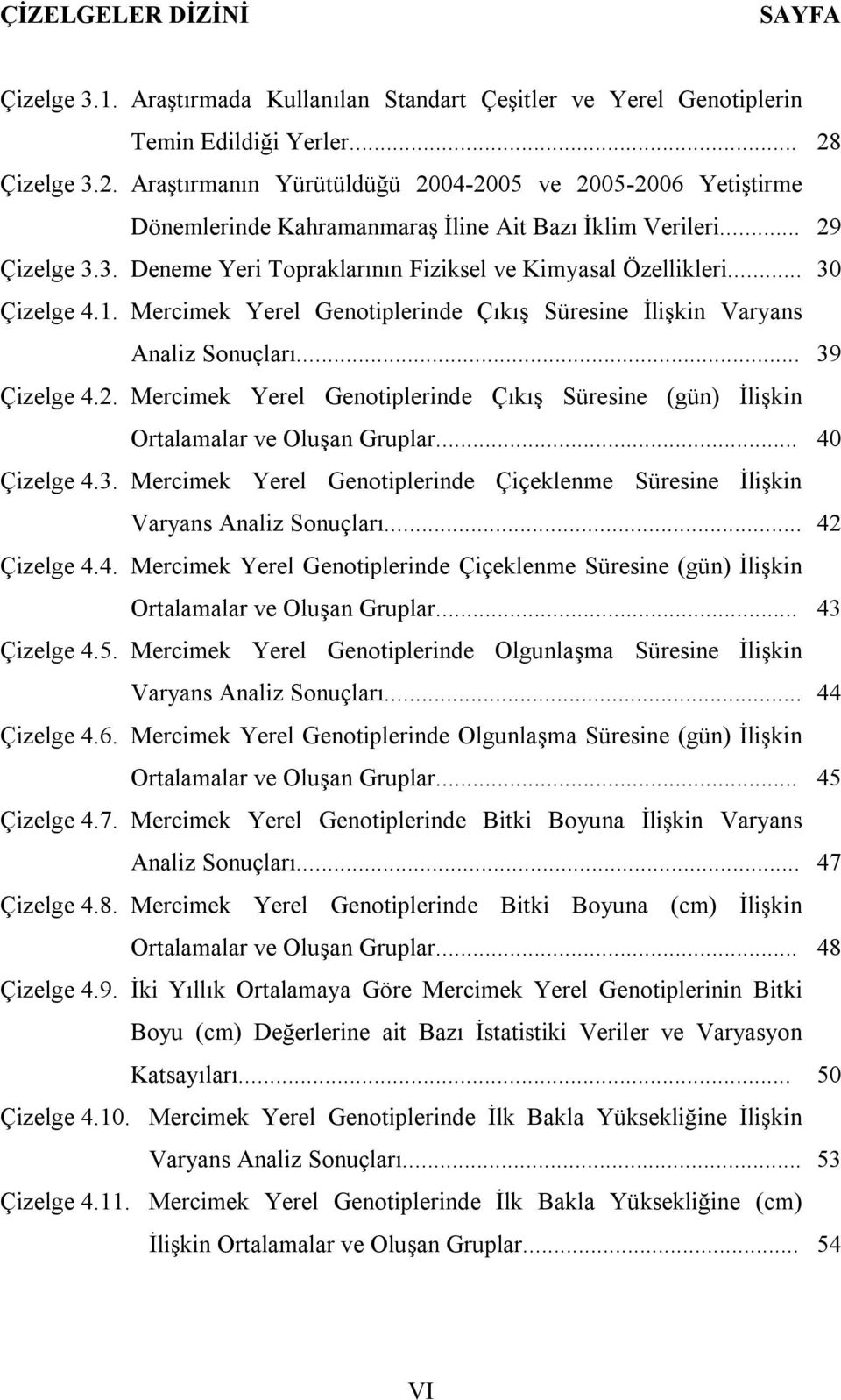 .. 30 Çizelge 4.1. Mercimek Yerel Genotiplerinde Çıkış Süresine İlişkin Varyans Analiz Sonuçları... 39 Çizelge 4.2.