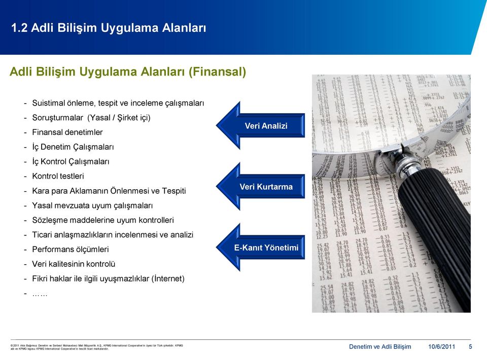 incelenmesi ve analizi - Performans ölçümleri - Veri kalitesinin kontrolü - Fikri haklar ile ilgili uyuşmazlıklar (İnternet) - Veri Analizi Veri Kurtarma E-Kanıt Yönetimi Denetim ve Adli Bilişim 5