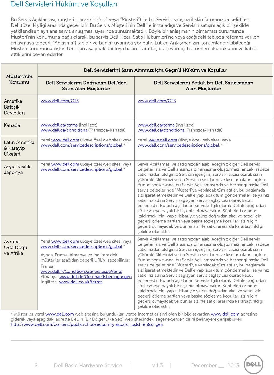 Böyle bir anlaşmanın olmaması durumunda, Müşteri'nin konumuna bağlı olarak, bu servis Dell Ticari Satış Hükümleri'ne veya aşağıdaki tabloda referans verilen anlaşmaya (geçerli Anlaşma ) tabidir ve