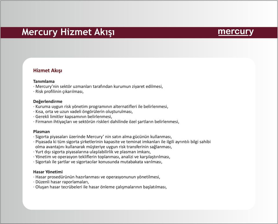 belirlenmesi, Plasman Sigorta piyasaları üzerinde Mercury nin satın alma gücünün kullanması, Piyasada ki tüm sigorta şirketlerinin kapasite ve teminat imkanları ile ilgili ayrıntılı bilgi sahibi olma