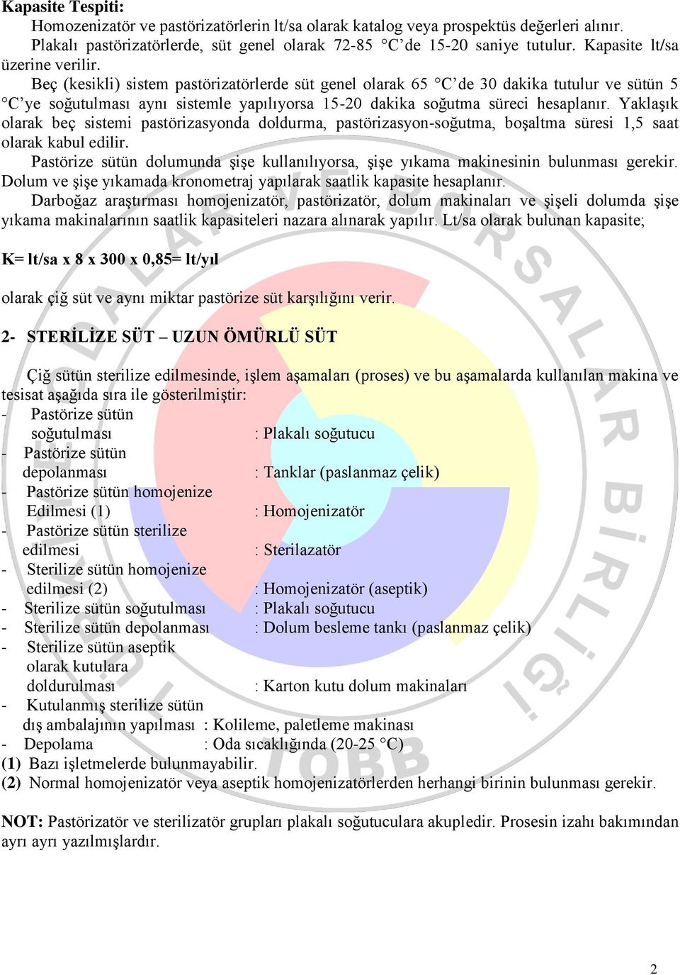 Beç (kesikli) sistem pastörizatörlerde süt genel olarak 65 C de 30 dakika tutulur ve sütün 5 C ye soğutulması aynı sistemle yapılıyorsa 15-20 dakika soğutma süreci hesaplanır.