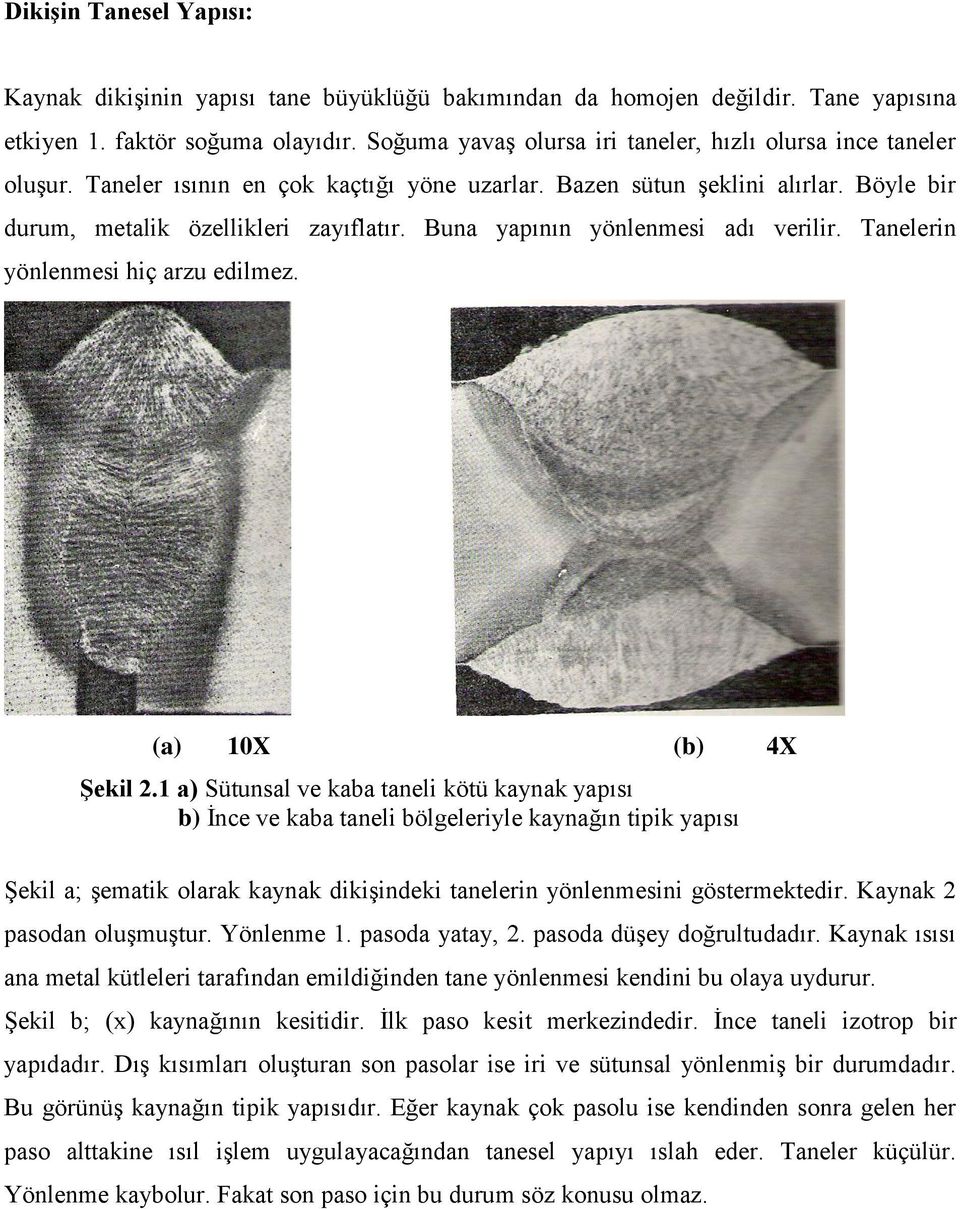 Buna yapının yönlenmesi adı verilir. Tanelerin yönlenmesi hiç arzu edilmez. (a) 10X (b) 4X ġekil 2.