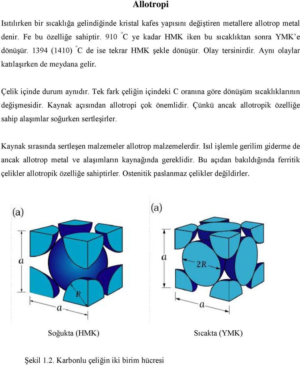 Tek fark çeliğin içindeki C oranına göre dönüģüm sıcaklıklarının değiģmesidir. Kaynak açısından allotropi çok önemlidir. Çünkü ancak allotropik özelliğe sahip alaģımlar soğurken sertleģirler.