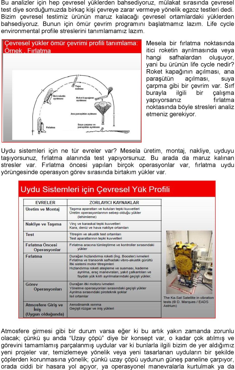 Life cycle environmental profile streslerini tanımlamamız lazım. Mesela bir fırlatma noktasında itici roketin ayrılmasında veya hangi safhalardan oluşuyor, yani bu ürünün life cycle nedir?