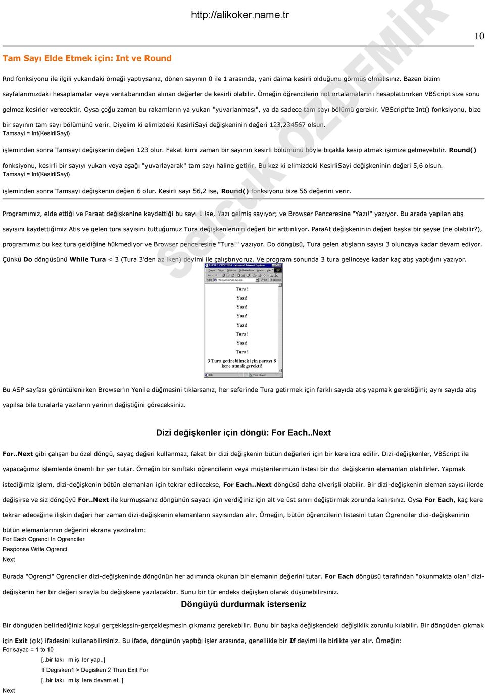 Örneğin öğrencilerin not ortalamalarını hesaplattırırken VBScript size sonu gelmez kesirler verecektir. Oysa çoğu zaman bu rakamların ya yukarı "yuvarlanması", ya da sadece tam sayı bölümü gerekir.