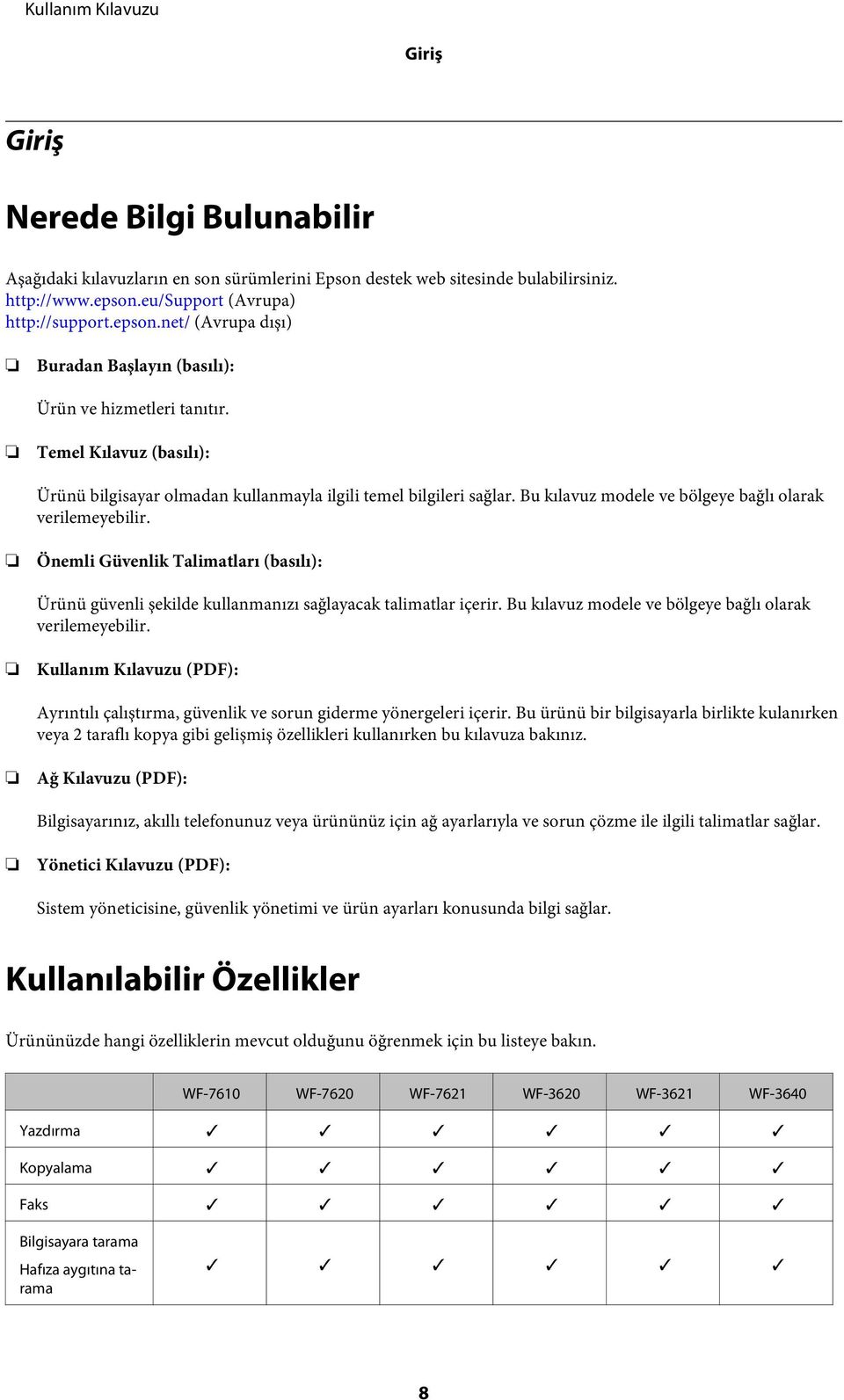 Temel Kılavuz (basılı): Ürünü bilgisayar olmadan kullanmayla ilgili temel bilgileri sağlar. Bu kılavuz modele ve bölgeye bağlı olarak verilemeyebilir.